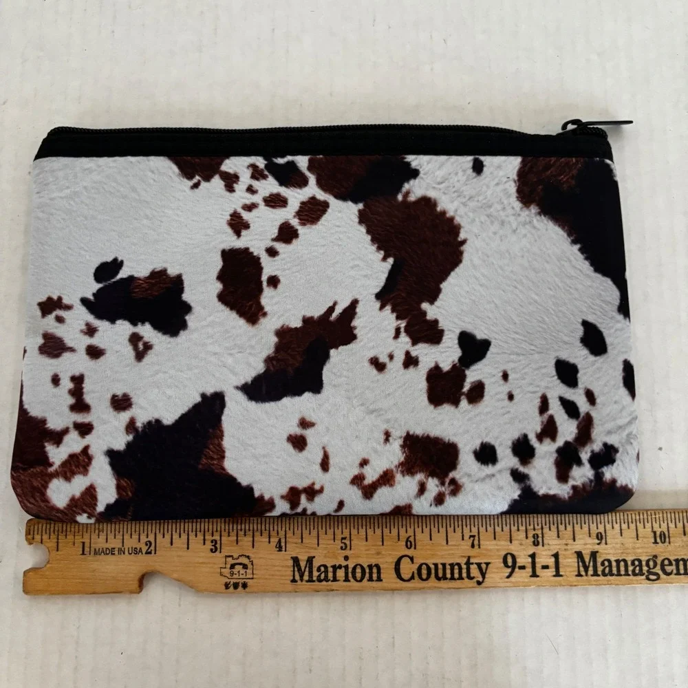 Makeup Bag Women Small Brown White Cow Print‎ Faux Cowhide Western Pouch